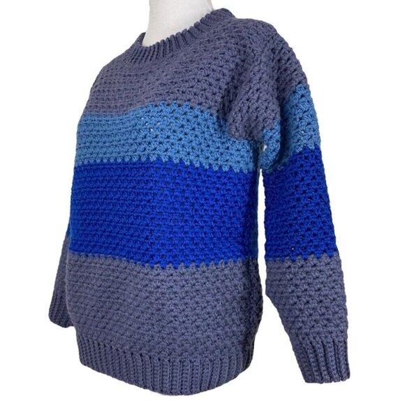 Handmade‎ New Unisex Blue Gray Striped Crewneck 3/4 Sleeve Knit Sweater L/C41 - Picture 4 of 9